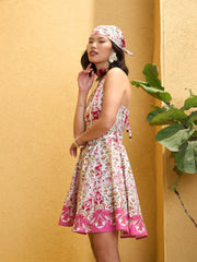 Women Pink & White Floral Halter Neck Short Dress-SFDRSS12748