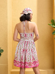 Women Pink & White Floral Halter Neck Short Dress-SFDRSS12748