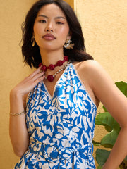 Women Blue & White Floral Halter Neck Short Dress-SFDRSS12749