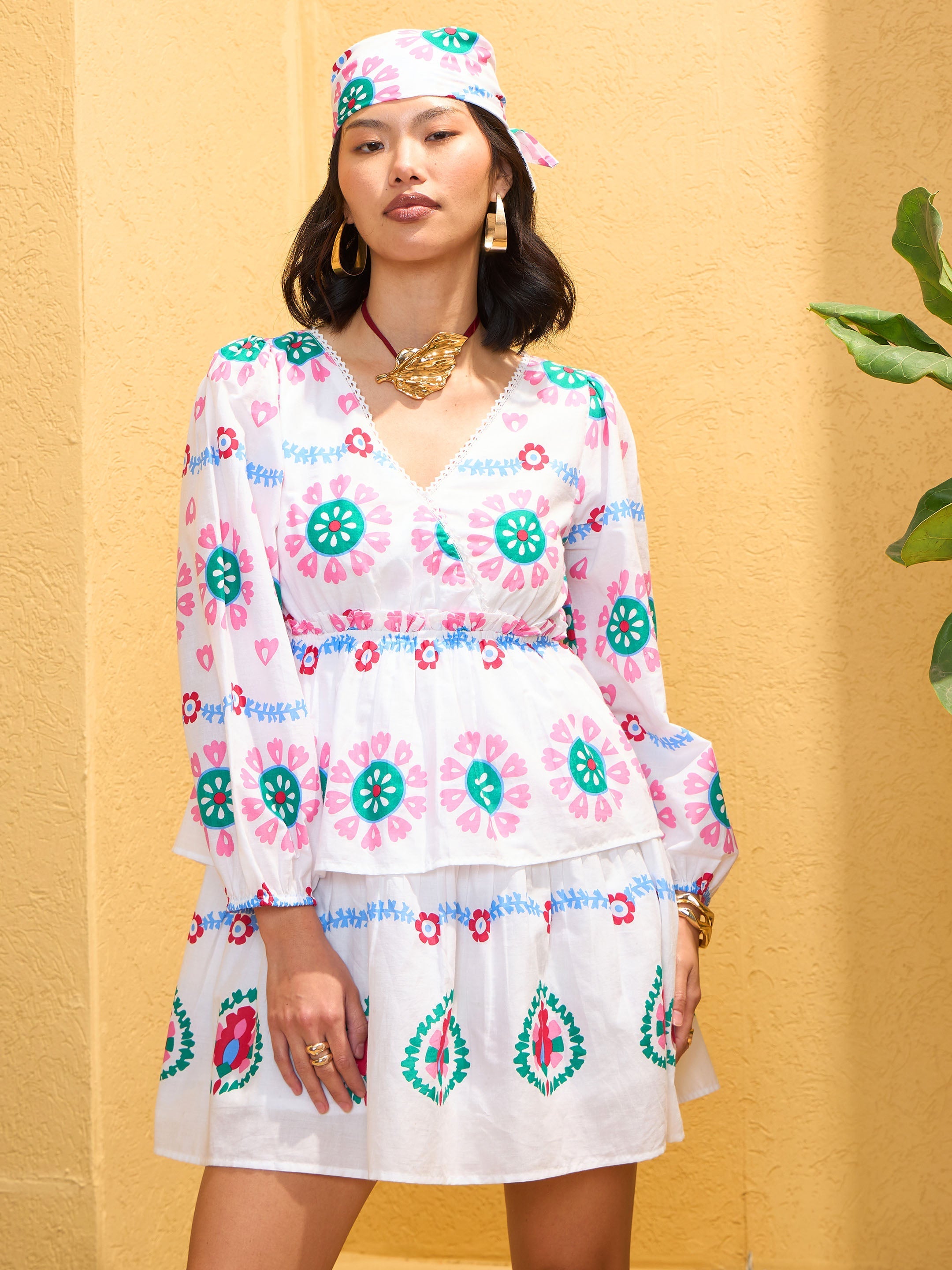 Women White Floral Wrap Neck Short Dress-SFDRSS12750