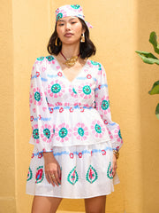 Women White Floral Wrap Neck Short Dress-SFDRSS12750