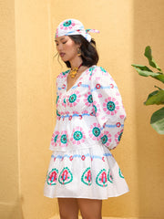 Women White Floral Wrap Neck Short Dress-SFDRSS12750
