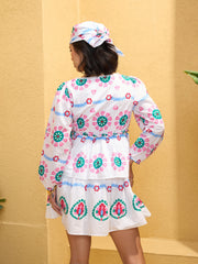 Women White Floral Wrap Neck Short Dress-SFDRSS12750