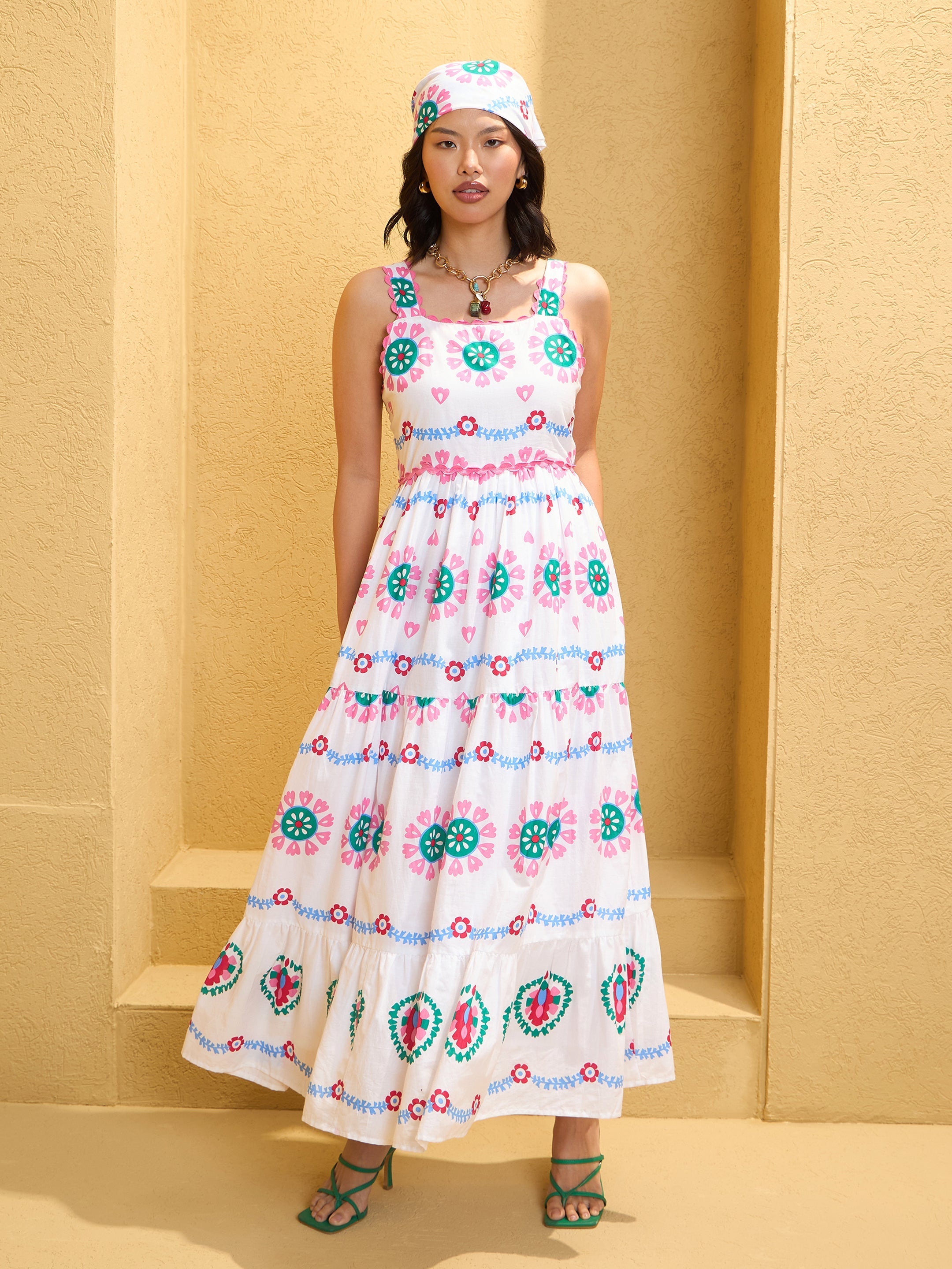 Women White Floral Strappy Tired Maxi Dress-SFDRSS12751