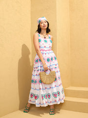 Women White Floral Strappy Tired Maxi Dress-SFDRSS12751