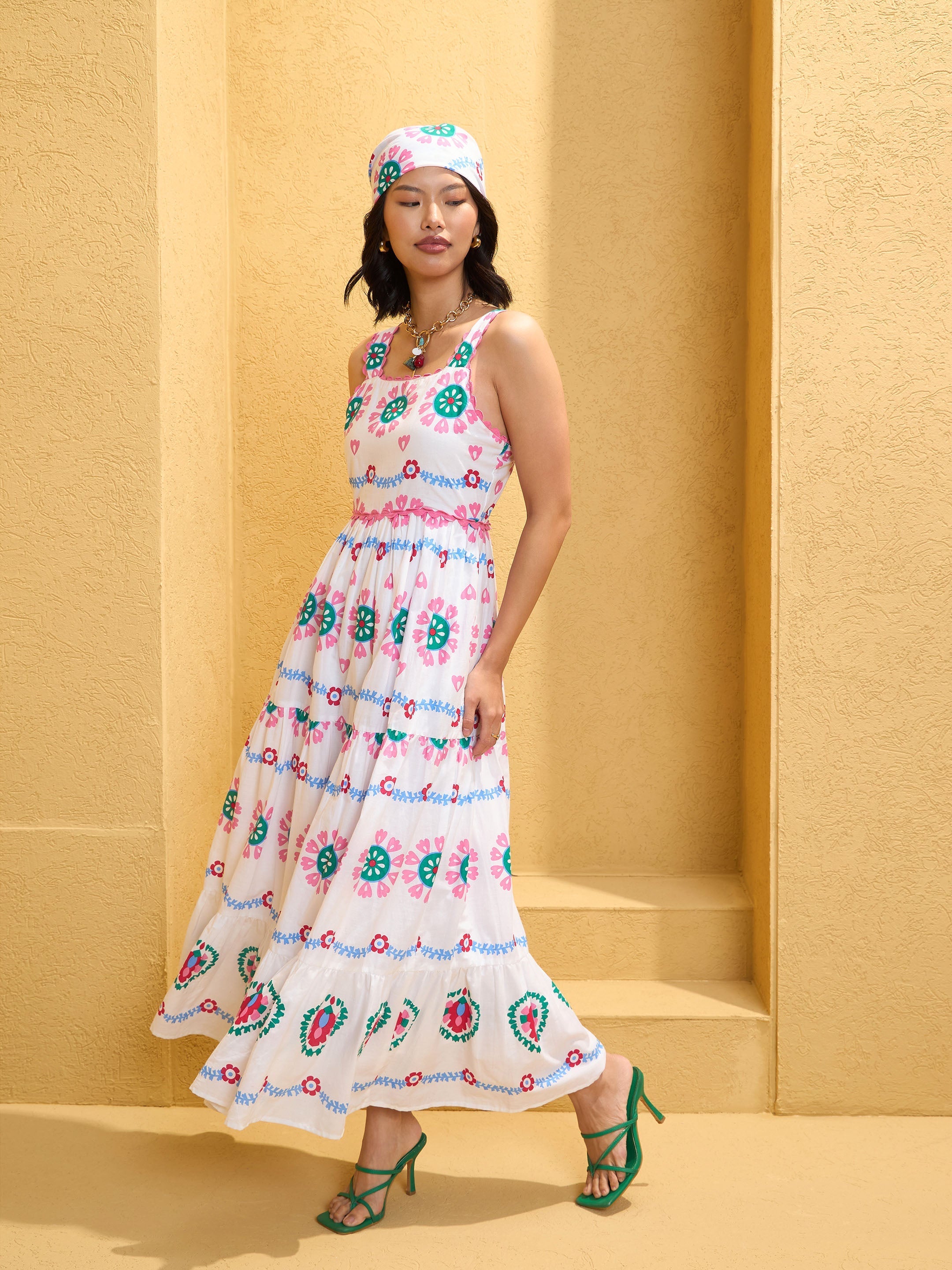 Women White Floral Strappy Tired Maxi Dress-SFDRSS12751