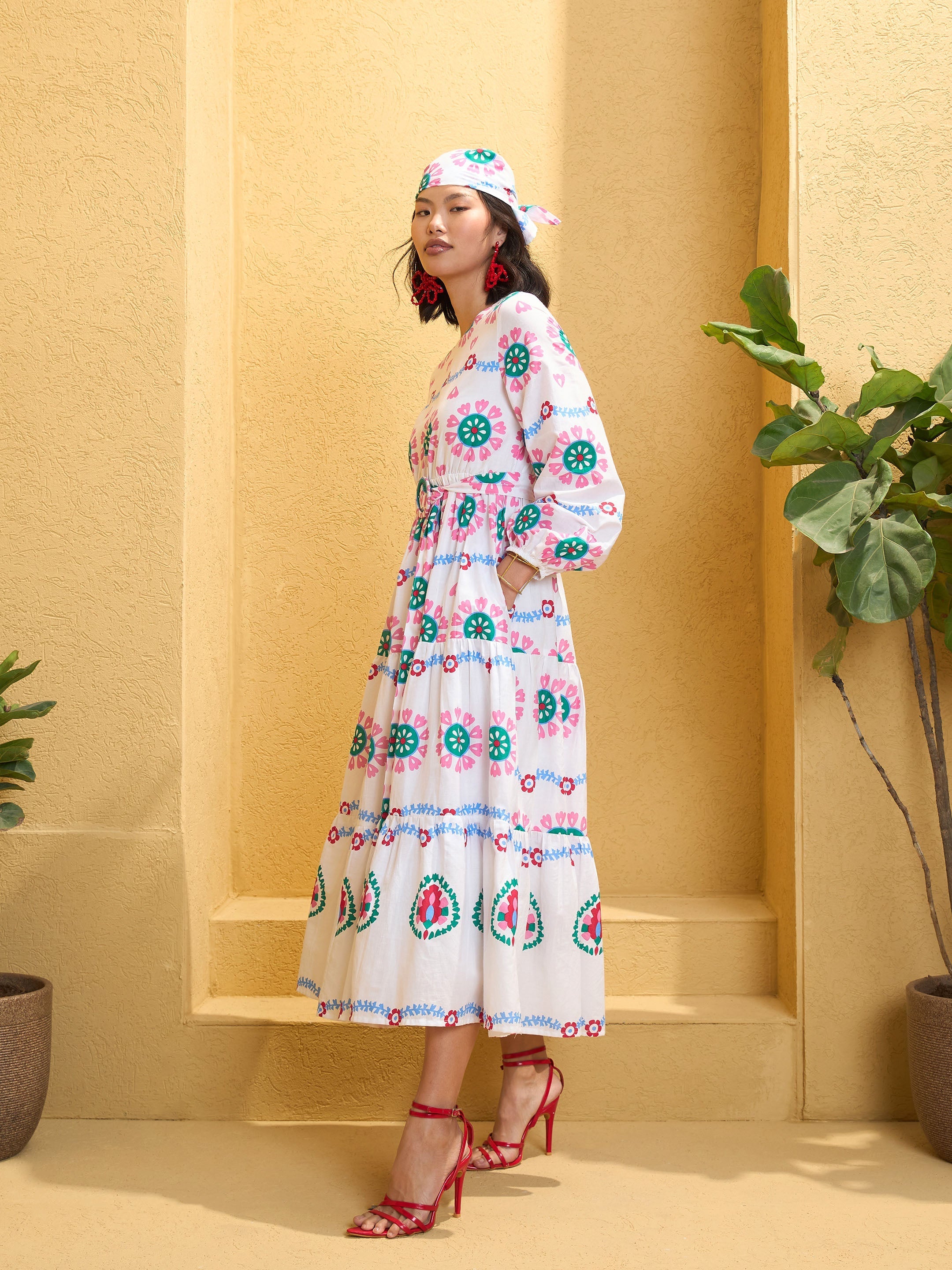 Women White Floral Round Neck Maxi Dress-SFDRSS12752