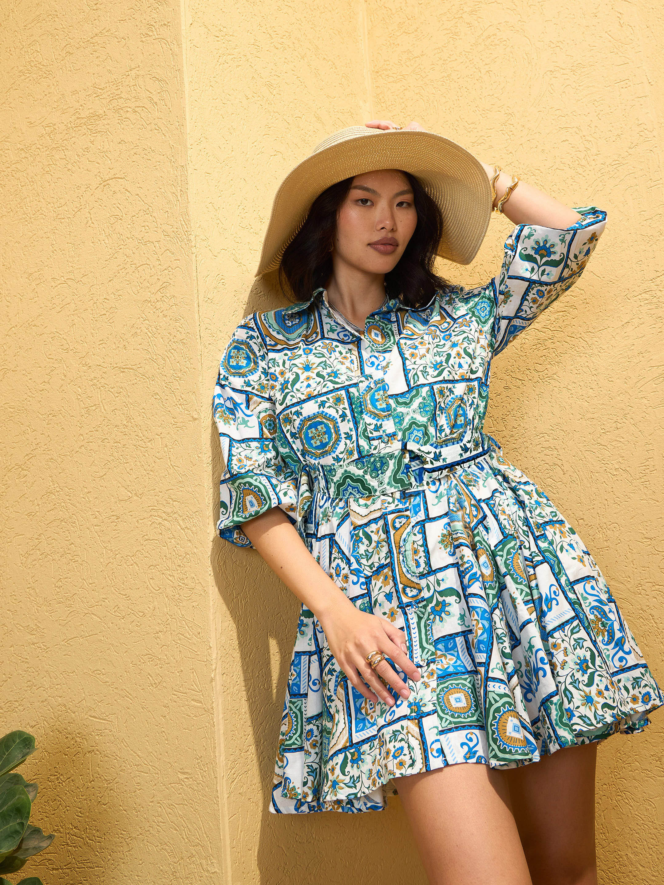 Women Blue & White Floral Flared Short Belt Shirt Dress-SFDRSS12753