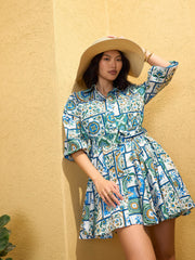 Women Blue & White Floral Flared Short Belt Shirt Dress-SFDRSS12753