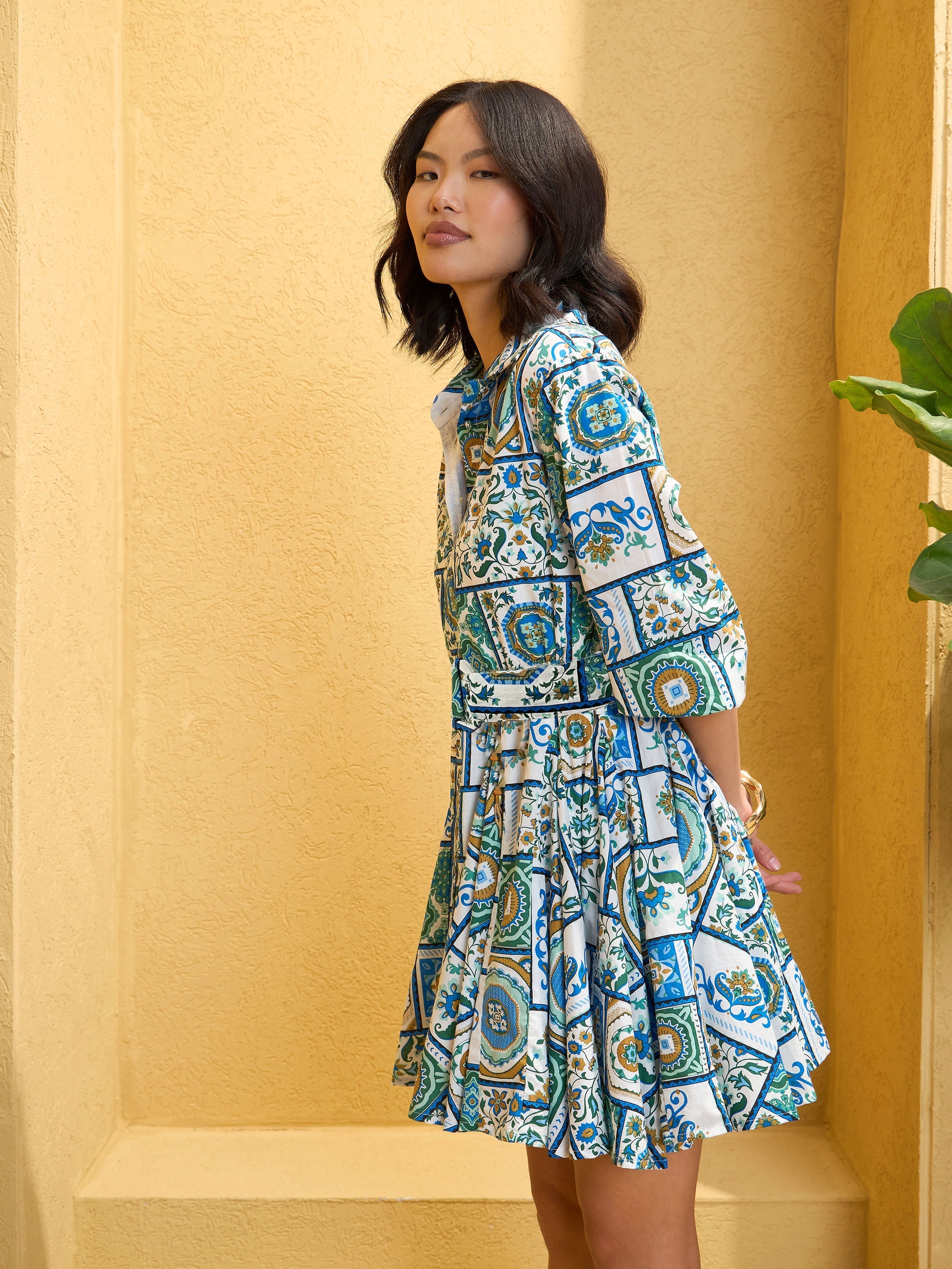 Women Blue & White Floral Flared Short Belt Shirt Dress-SFDRSS12753