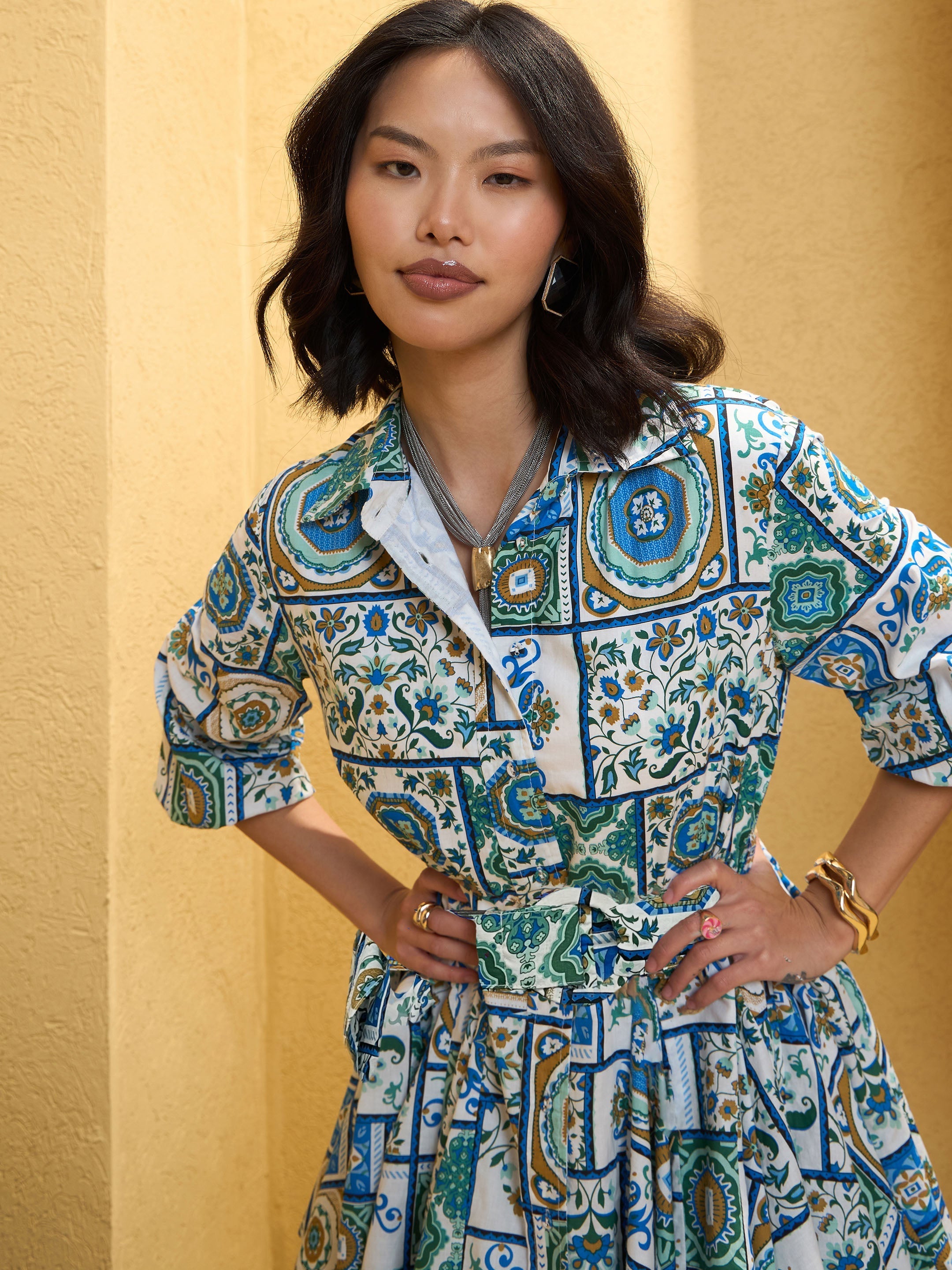 Women Blue & White Floral Flared Short Belt Shirt Dress-SFDRSS12753