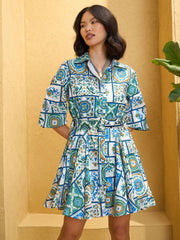 Women Blue & White Floral Flared Short Belt Shirt Dress-SFDRSS12753