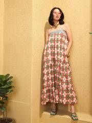 Women Red Floral Strappy Smocked Maxi Dress-SFDRSS12755