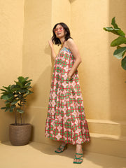 Women Red Floral Strappy Smocked Maxi Dress-SFDRSS12755
