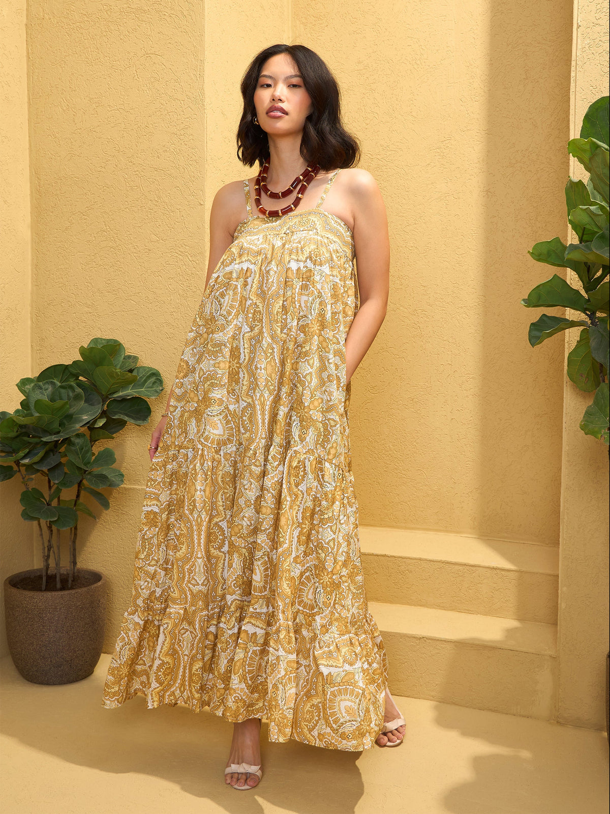 Women Yellow Floral Strappy Smocked Maxi Dress-SFDRSS12756