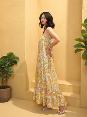 Women Yellow Floral Strappy Smocked Maxi Dress-SFDRSS12756