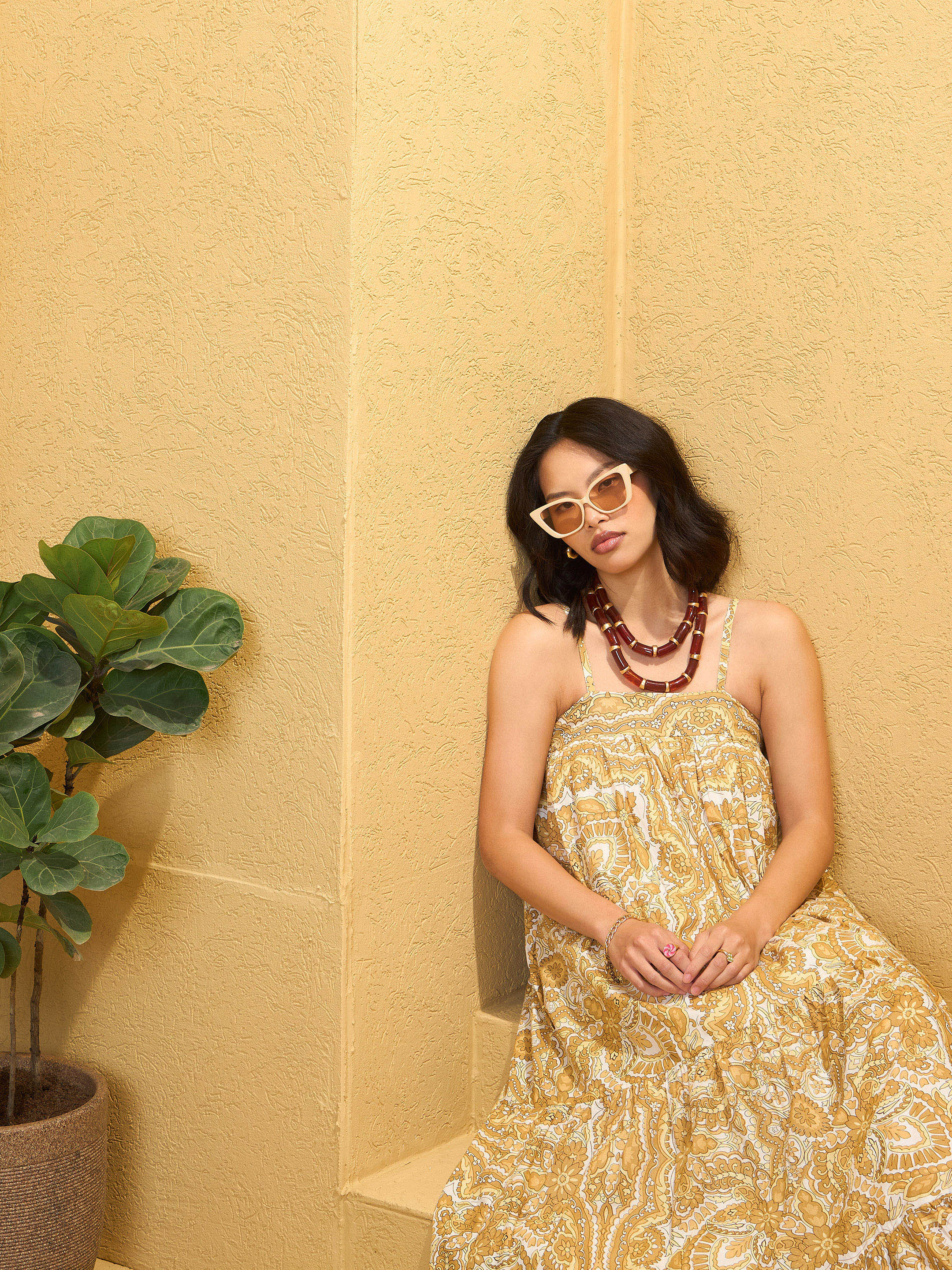 Women Yellow Floral Strappy Smocked Maxi Dress-SFDRSS12756