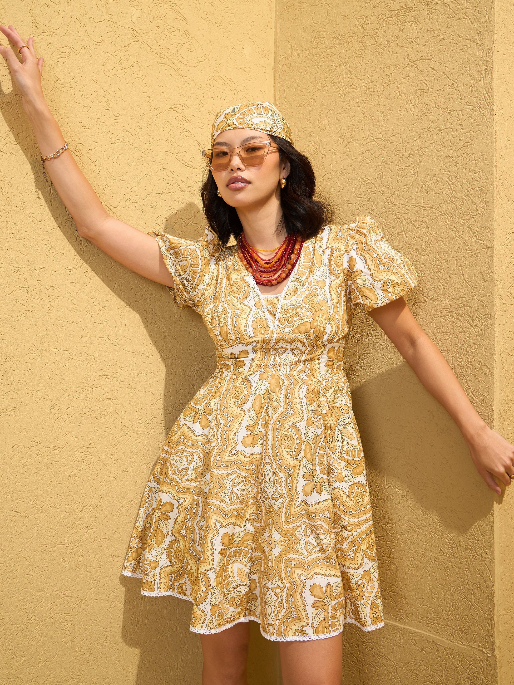 Women Yellow Floral V-Neck Short Dress-SFDRSS12757