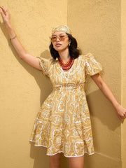 Women Yellow Floral V-Neck Short Dress-SFDRSS12757