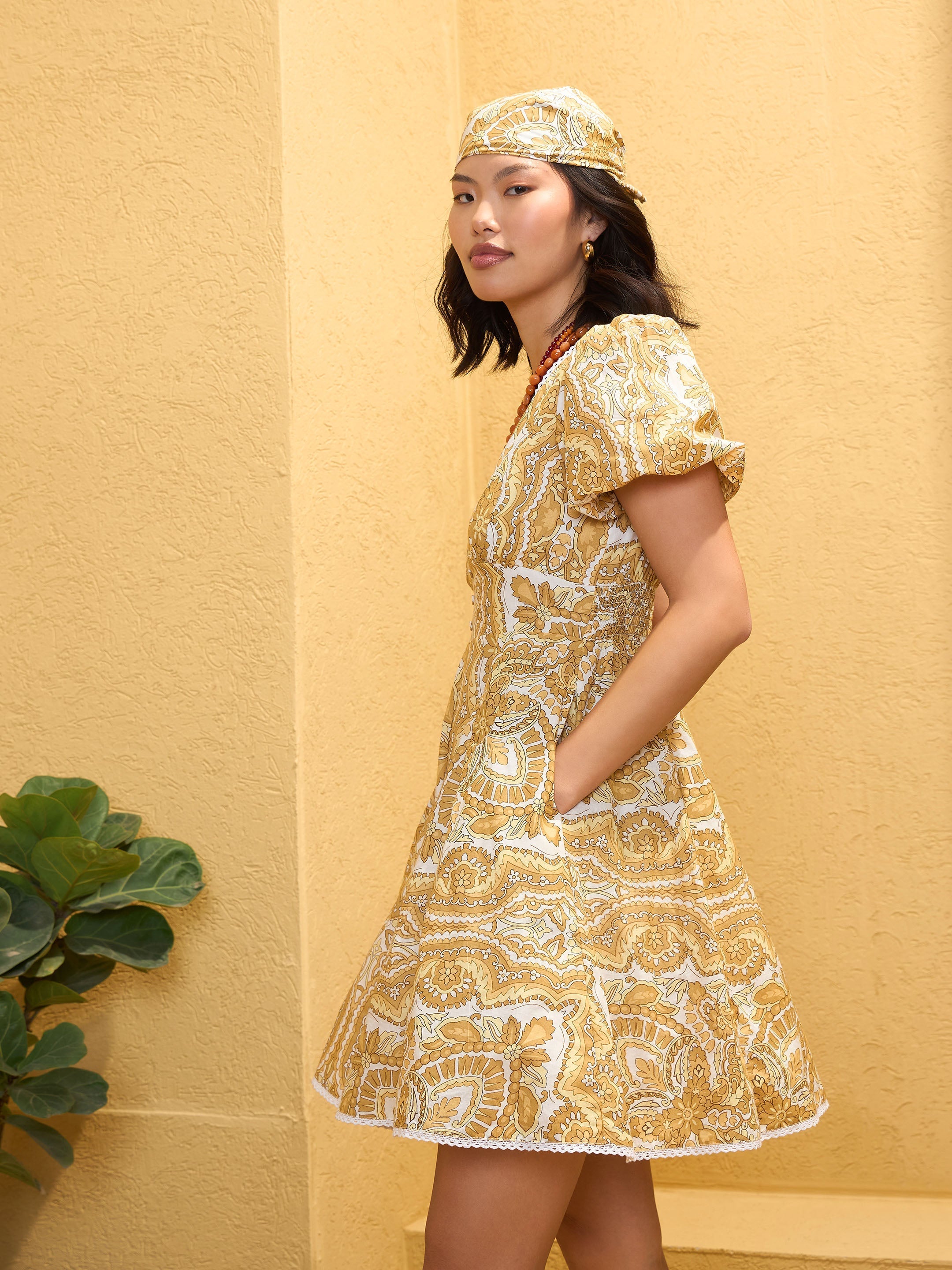 Women Yellow Floral V-Neck Short Dress-SFDRSS12757