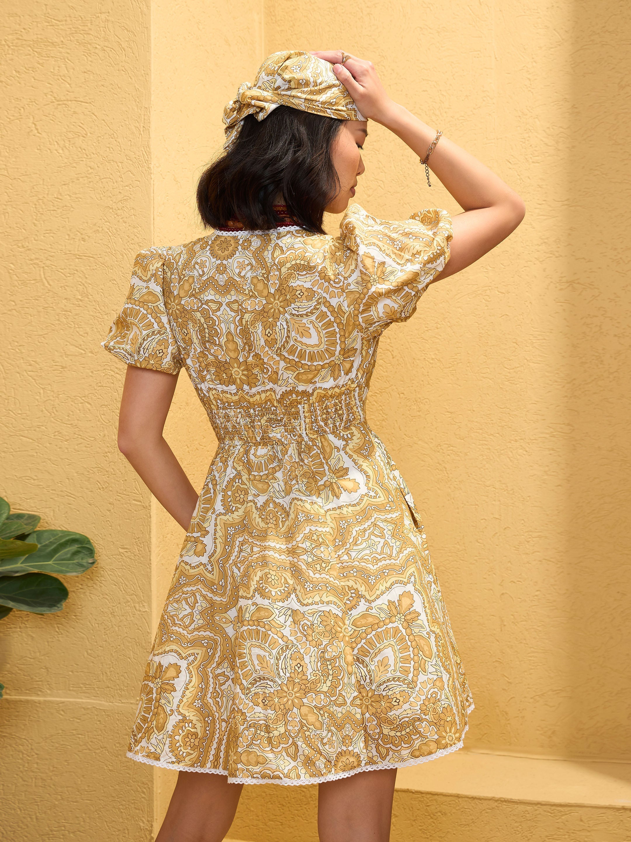 Women Yellow Floral V-Neck Short Dress-SFDRSS12757