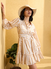 Women Beige & White Geometric Short Shirt Dress-SFDRSS12760