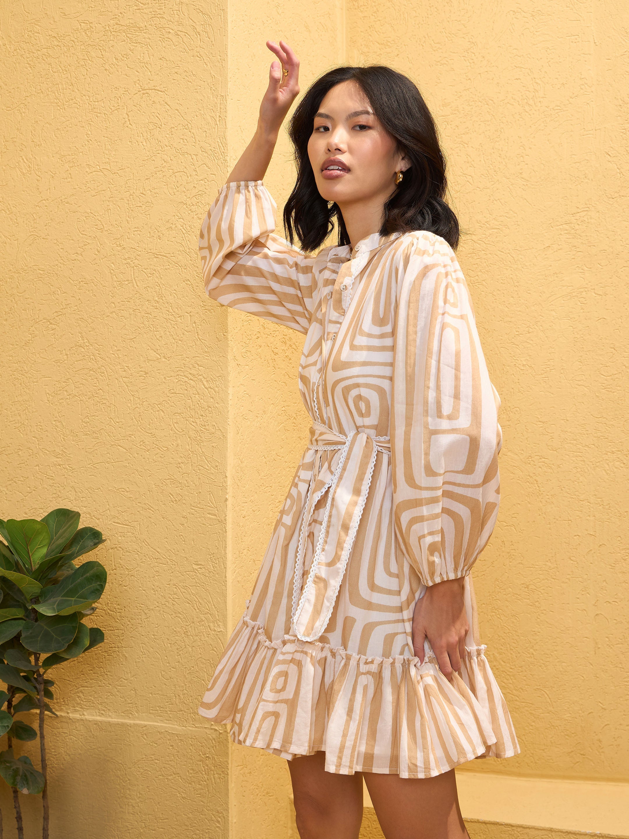 Women Beige & White Geometric Short Shirt Dress-SFDRSS12760