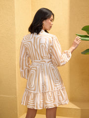 Women Beige & White Geometric Short Shirt Dress-SFDRSS12760