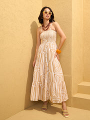Women Beige & White Smocked Strappy Maxi Dress-SFDRSS12762