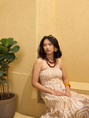 Women Beige & White Smocked Strappy Maxi Dress-SFDRSS12762