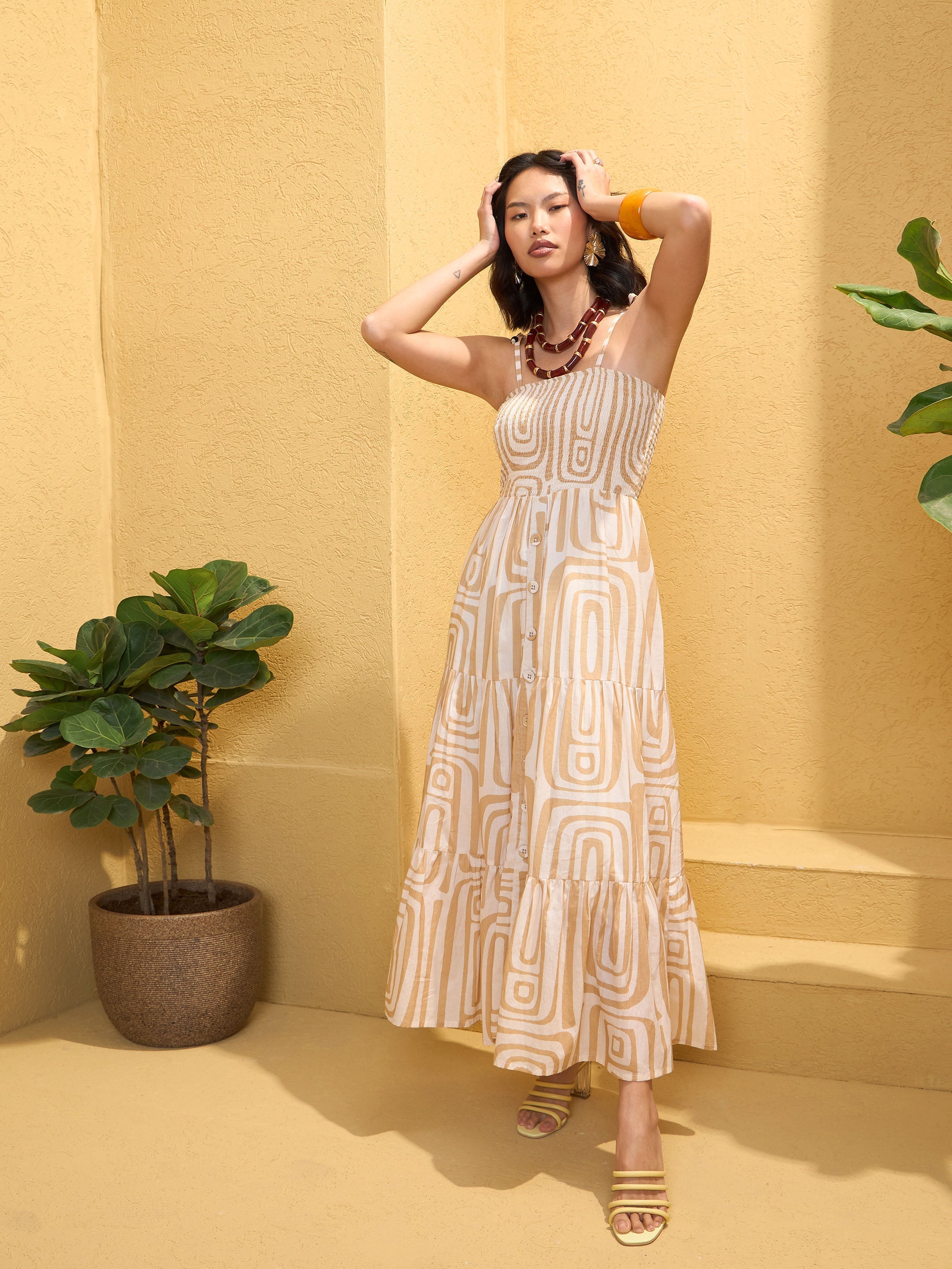Women Beige & White Smocked Strappy Maxi Dress-SFDRSS12762