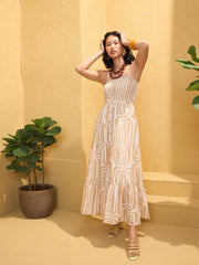 Women Beige & White Smocked Strappy Maxi Dress-SFDRSS12762