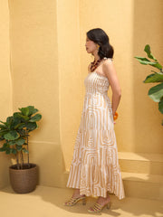Women Beige & White Smocked Strappy Maxi Dress-SFDRSS12762
