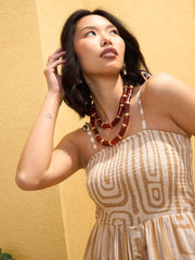 Women Beige & White Smocked Strappy Maxi Dress-SFDRSS12762