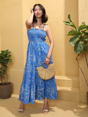 Women Blue Floral Smocked Strappy Maxi Dress-SFDRSS12763
