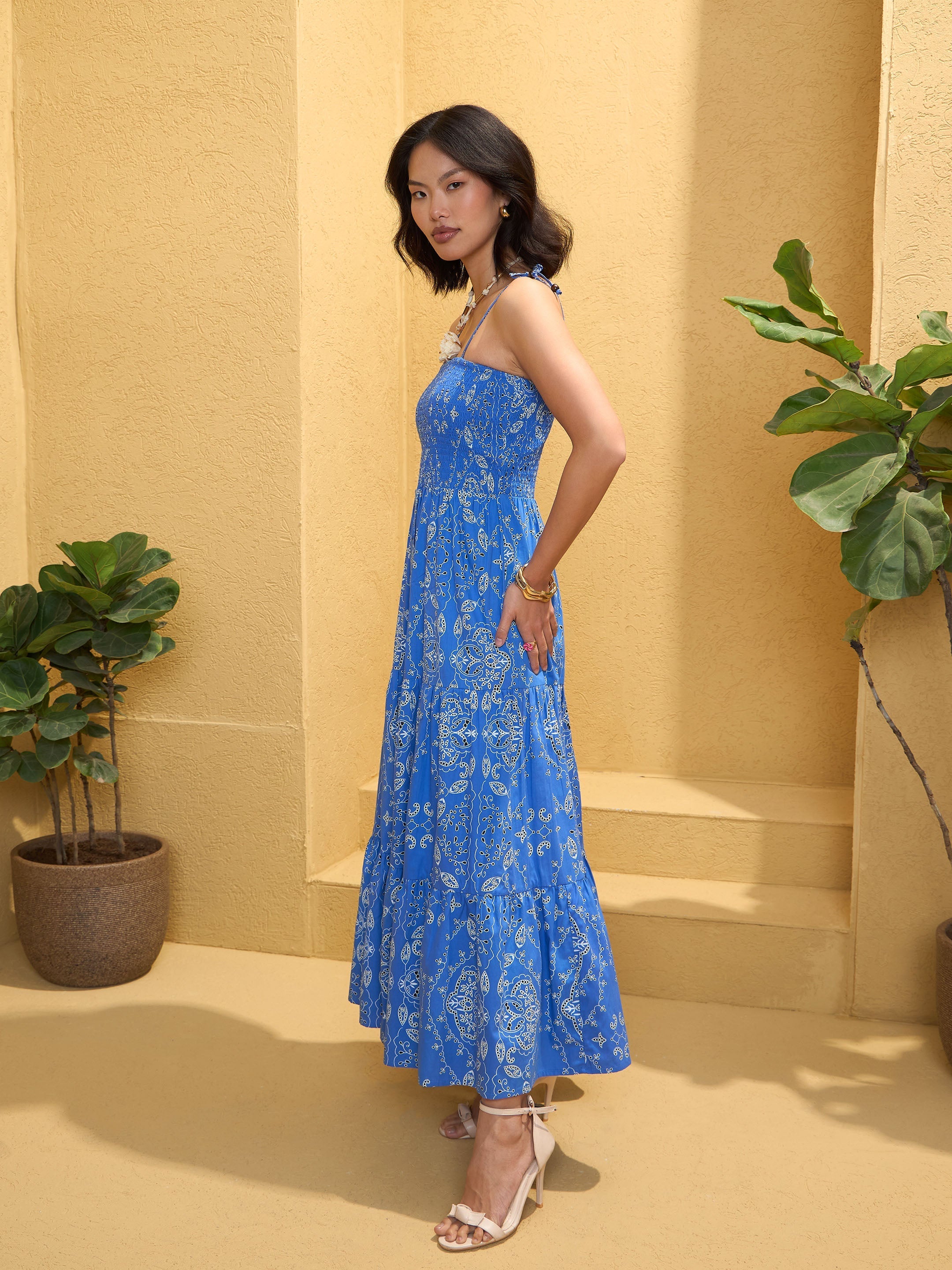 Women Blue Floral Smocked Strappy Maxi Dress-SFDRSS12763
