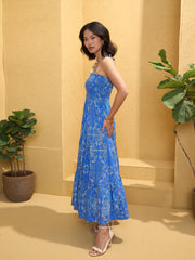 Women Blue Floral Smocked Strappy Maxi Dress-SFDRSS12763