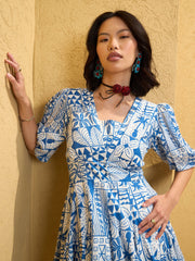 Women Blue & White Floral Smocked Short Flared Dress-SFDRSS12765