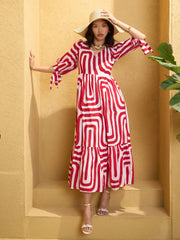 Women Red & White Back Cut-out Knot Maxi Dress-SFDRSS12767