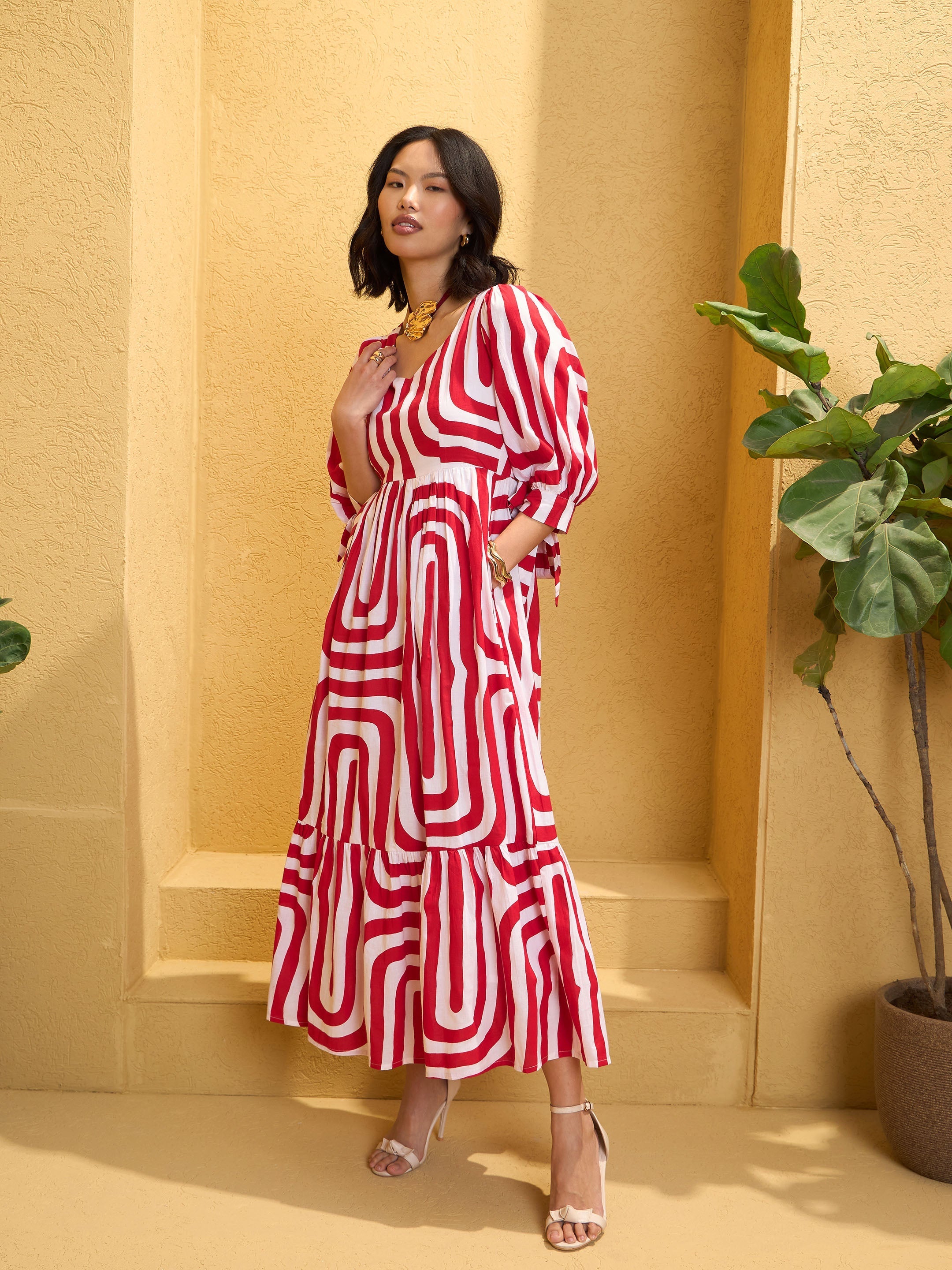 Women Red & White Back Cut-out Knot Maxi Dress-SFDRSS12767