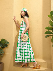Women Green Polka Dot Shoulder Knot Maxi Dress-SFDRSS12770
