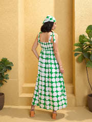 Women Green Polka Dot Shoulder Knot Maxi Dress-SFDRSS12770