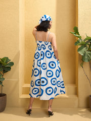 Women White Evil Eye Print Strappy Midi Dress-SFDRSS12772