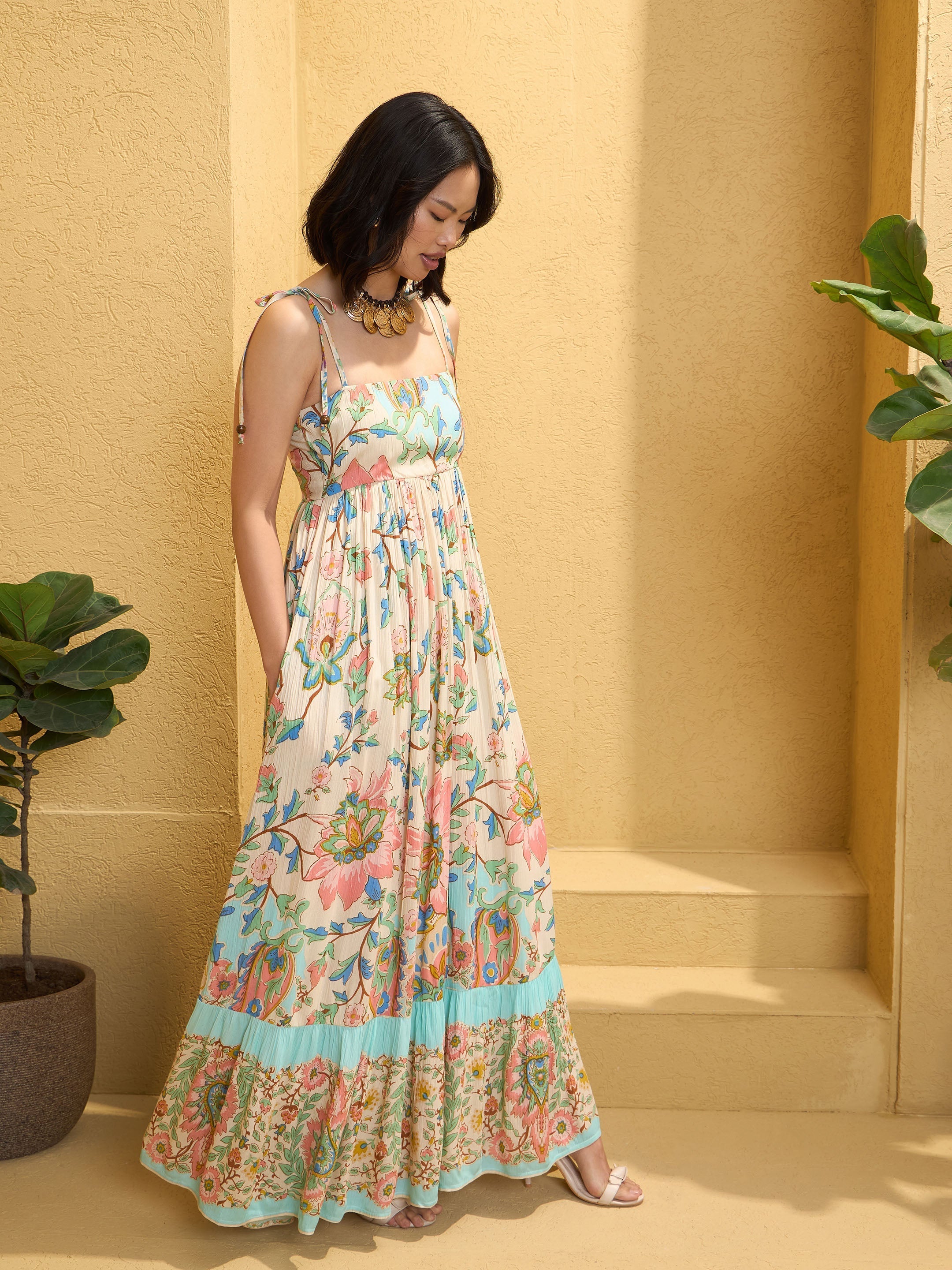 Women Beige Floral Strappy Tie-up Maxi Dress-SFDRSS12773