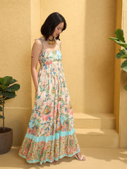 Women Beige Floral Strappy Tie-up Maxi Dress-SFDRSS12773