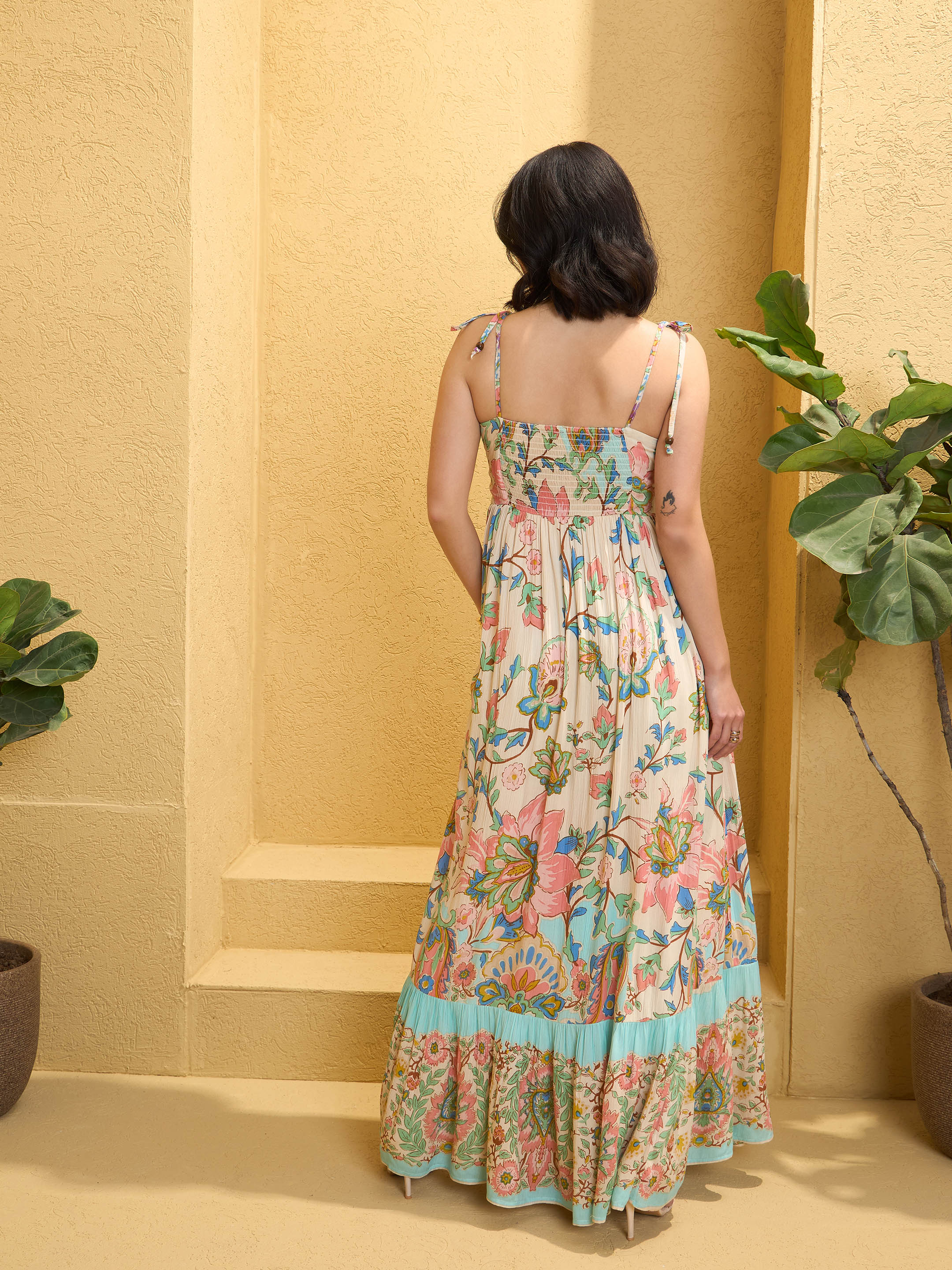 Women Beige Floral Strappy Tie-up Maxi Dress-SFDRSS12773