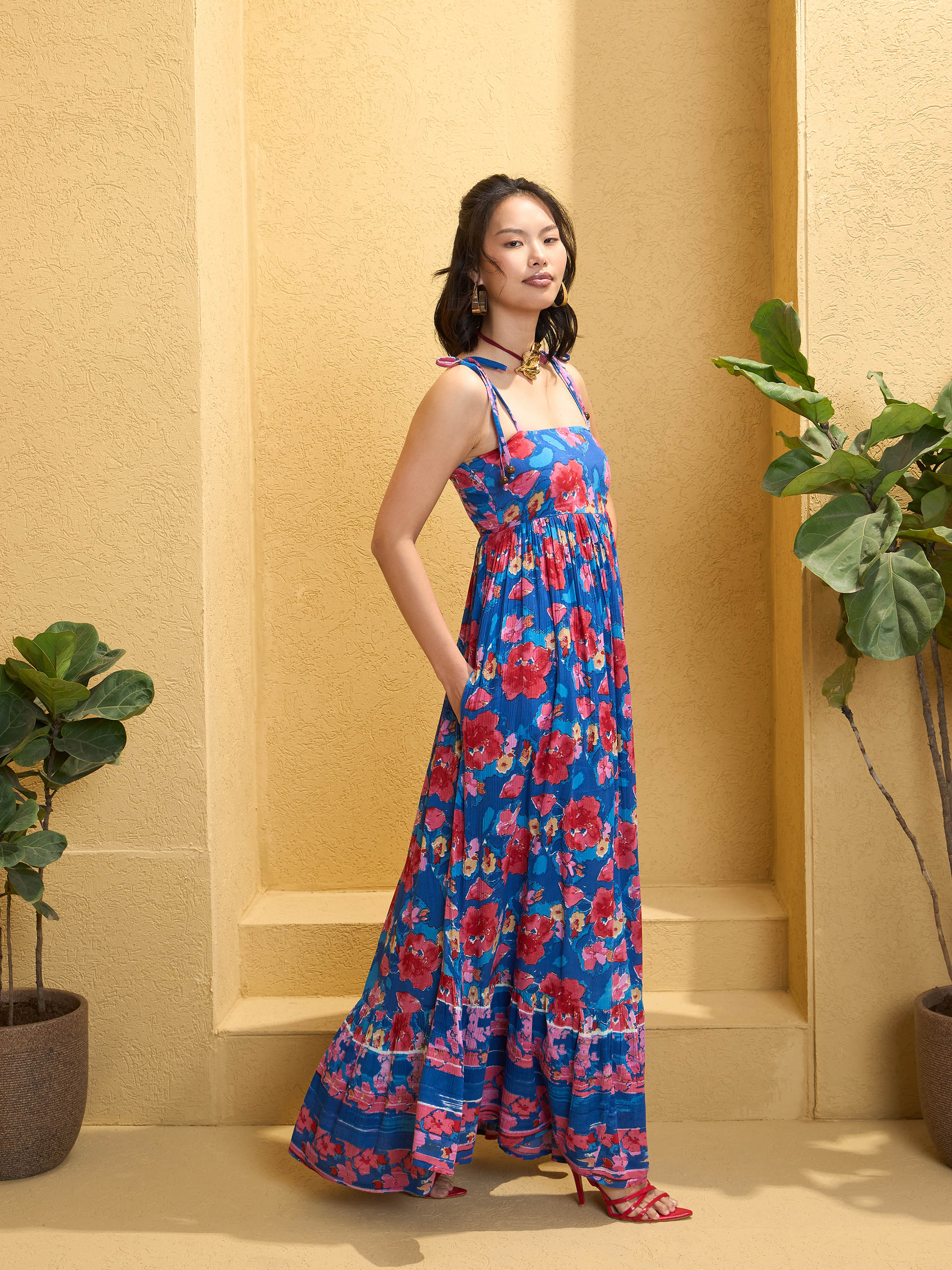 Women Navy Blue Floral Strappy Tie-up Maxi Dress-SFDRSS12774
