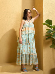 Women Turquoise Blue Frill Strappy Tie-up Tiered Maxi Dress-SFDRSS12775