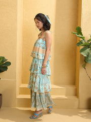 Women Turquoise Blue Frill Strappy Tie-up Tiered Maxi Dress-SFDRSS12775
