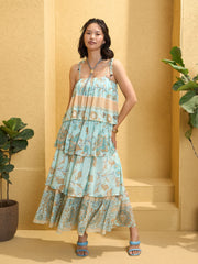 Women Turquoise Blue Frill Strappy Tie-up Tiered Maxi Dress-SFDRSS12775